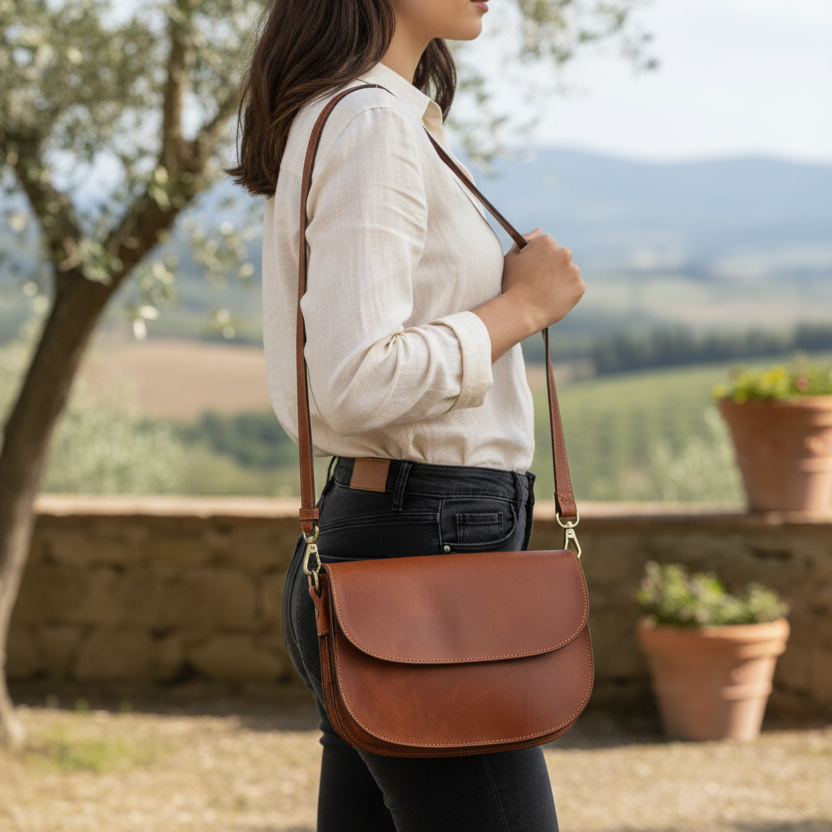 Borsa a tracolla marrone indossata con tracolla regolata su spalla, patta con passante