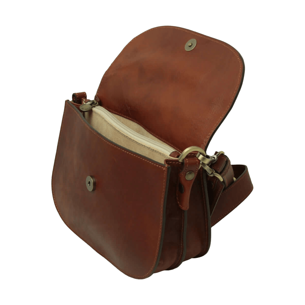Borsa a tracolla in vitello teak aperta, interno beige e bottoni a scatto.