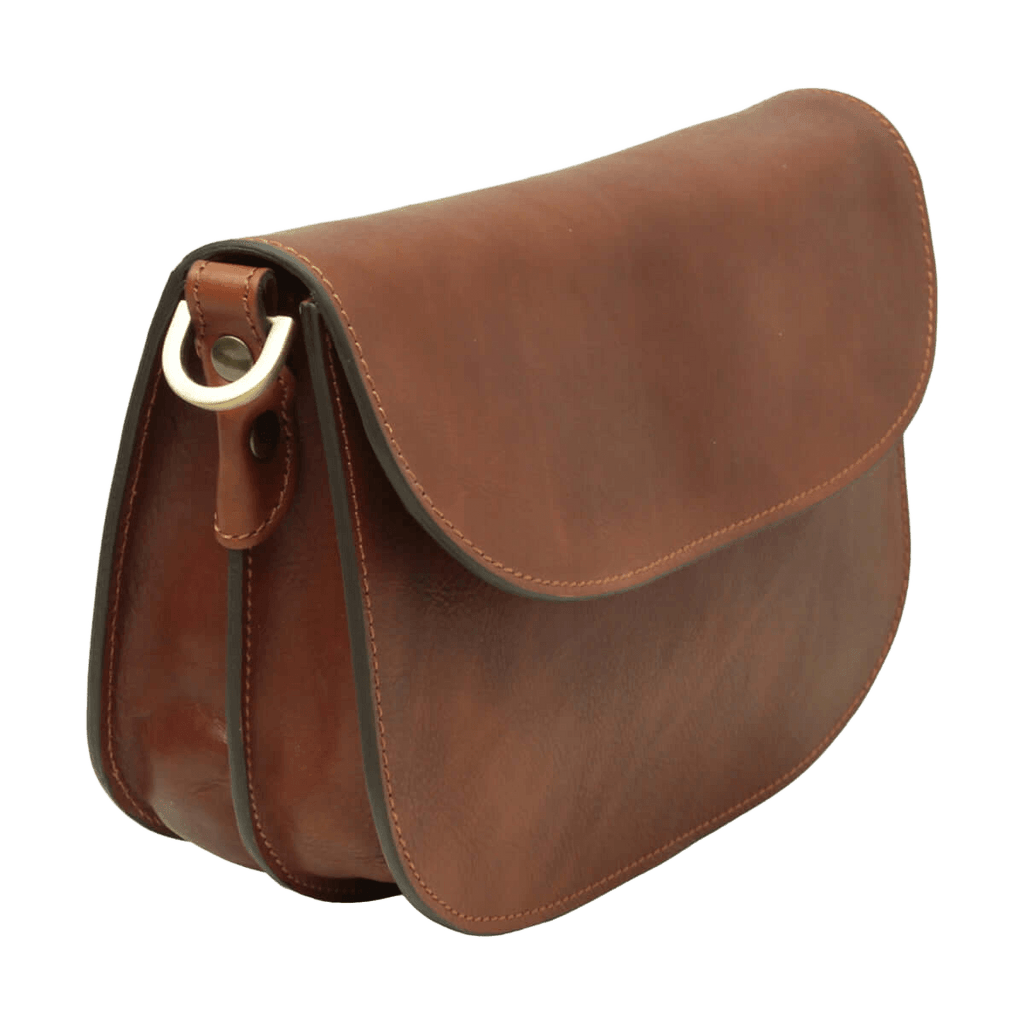 Borsa a tracolla in vitello teak con bottoni laterali e patta sagomata.