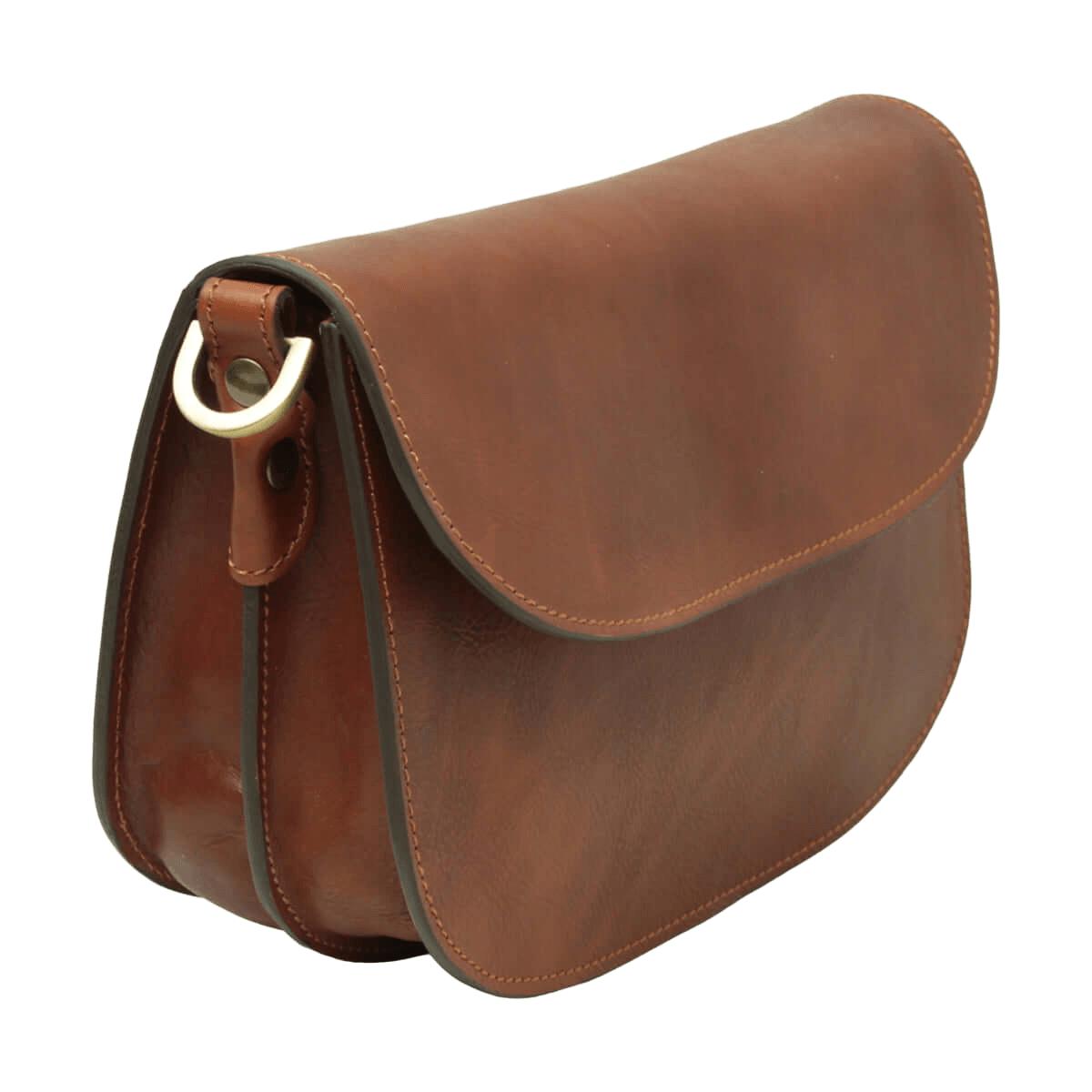 Borsa a tracolla in vitello teak con bottoni laterali e patta sagomata.