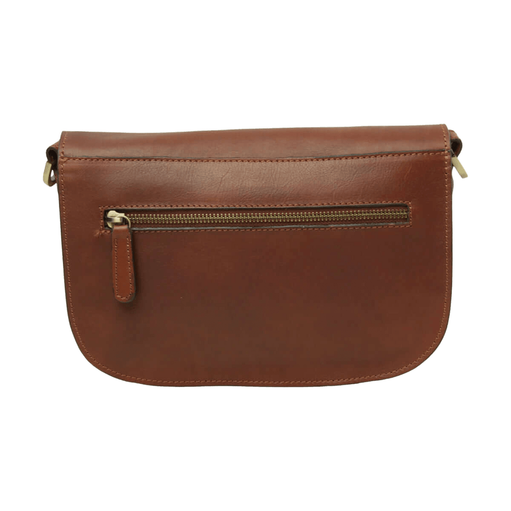 Borsa a tracolla in vitello teak con tasca a cerniera frontale e bordi in cuoio.