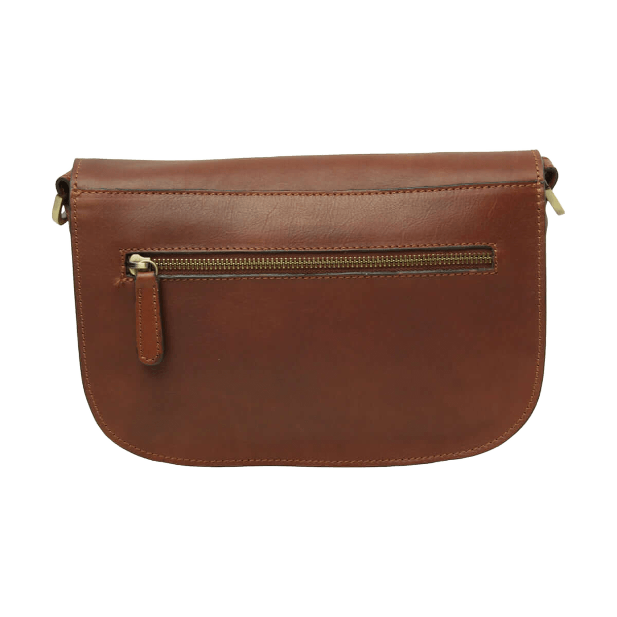 Borsa a tracolla in vitello teak con tasca a cerniera frontale e bordi in cuoio.