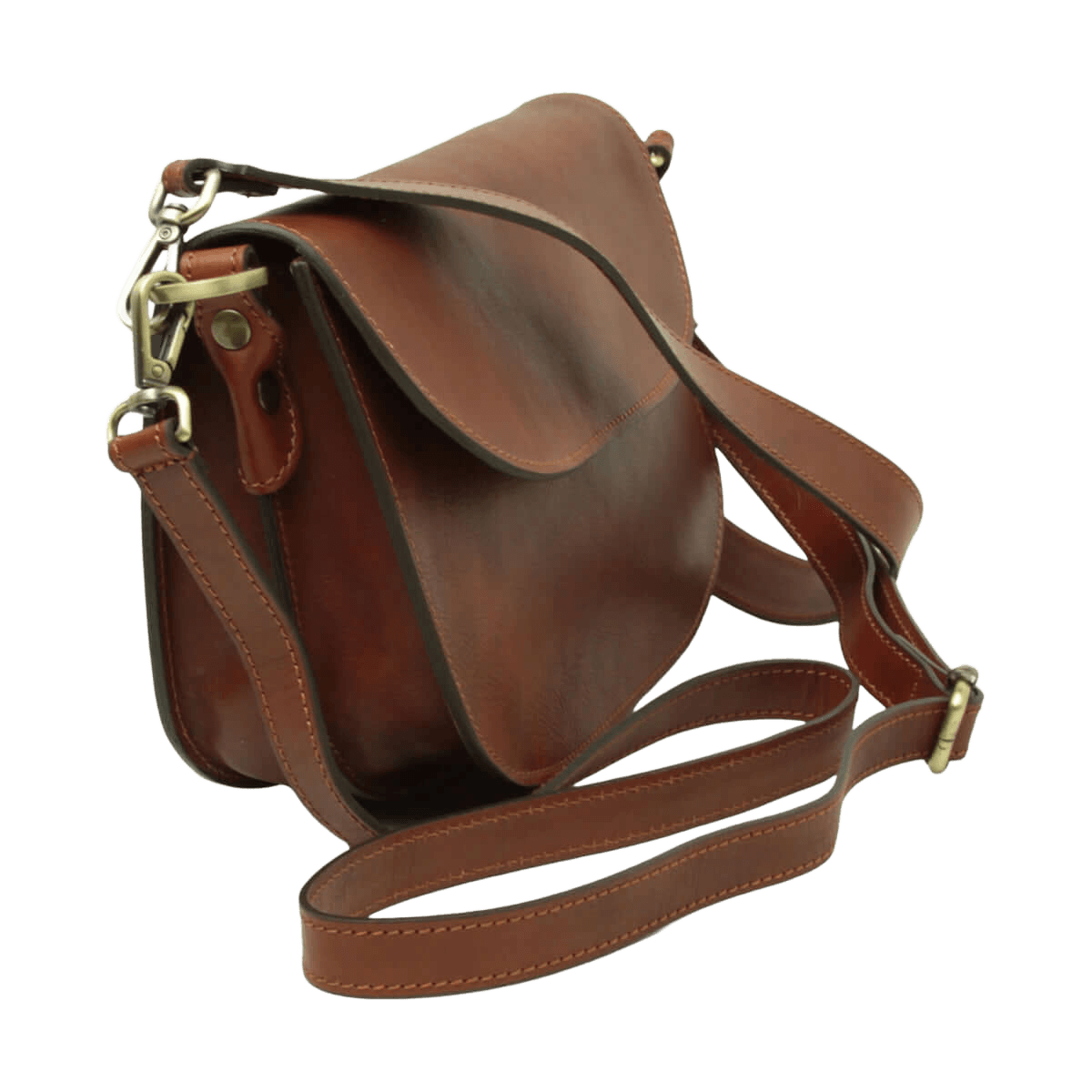 Borsa a tracolla in vitello teak vista laterale, anelli dorati e catenella.