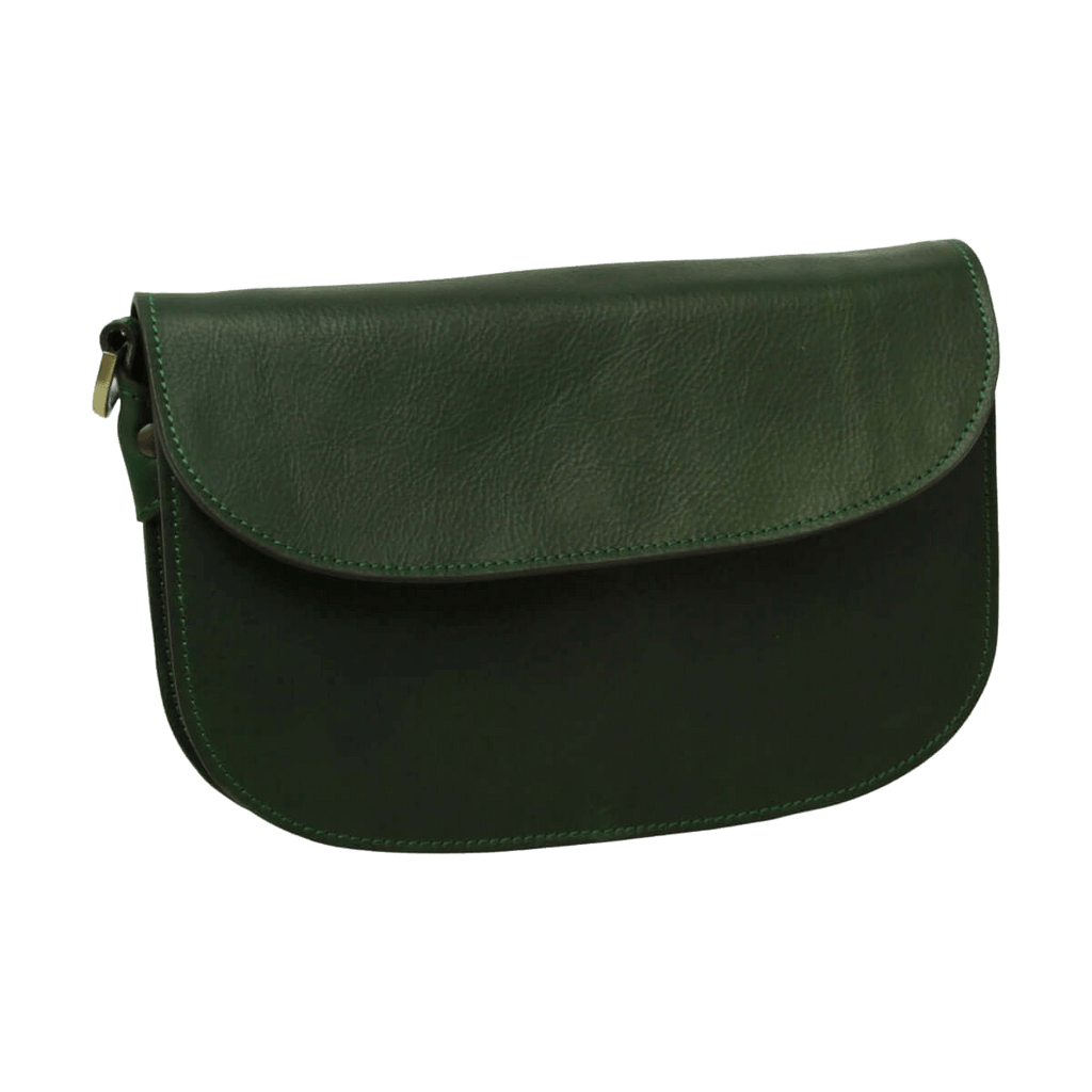 Borsa a tracolla verde in pelle con patta arrotondata e chiusura laterale