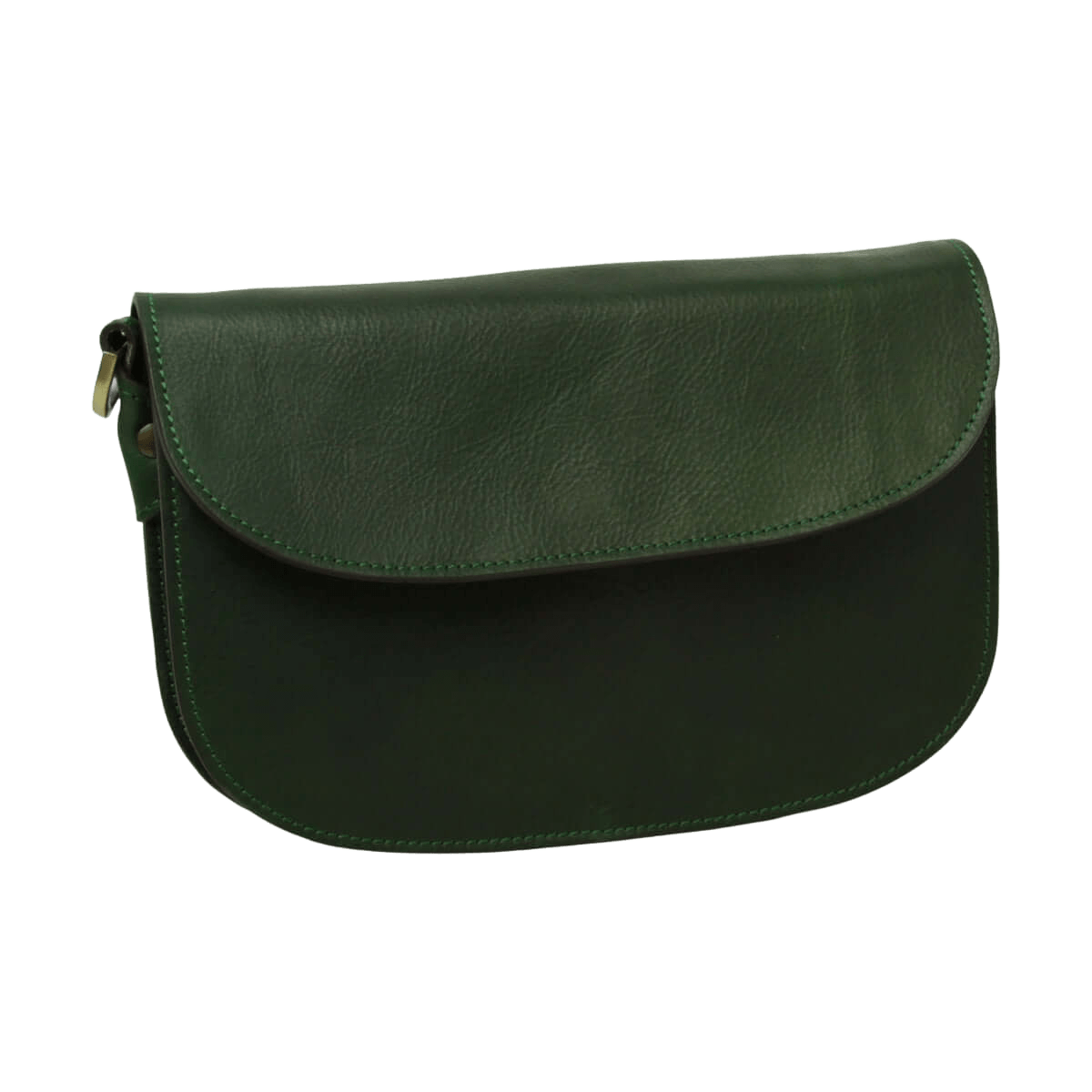 Borsa a tracolla verde in pelle con patta arrotondata e chiusura laterale