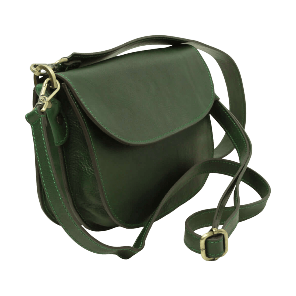 Borsa a tracolla verde in pelle con patta, tracolla a spalla e fibbie metalliche