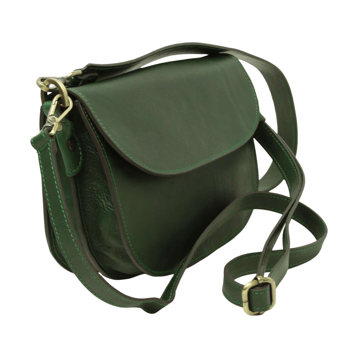 Borsa a tracolla verde in pelle con patta, tracolla a spalla e fibbie metalliche