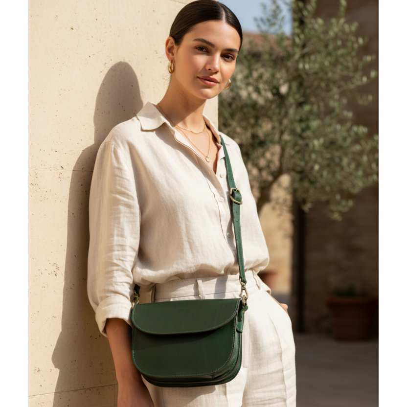 Borsa a tracolla verde in pelle con patta frontale e tracolla