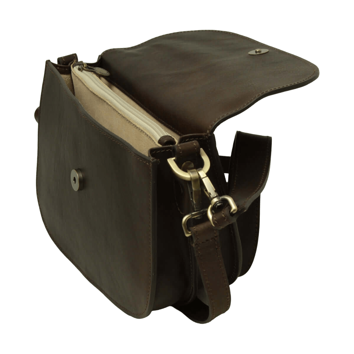 Borsa a tracolla marrone scuro con interno chiaro e zip con tirante