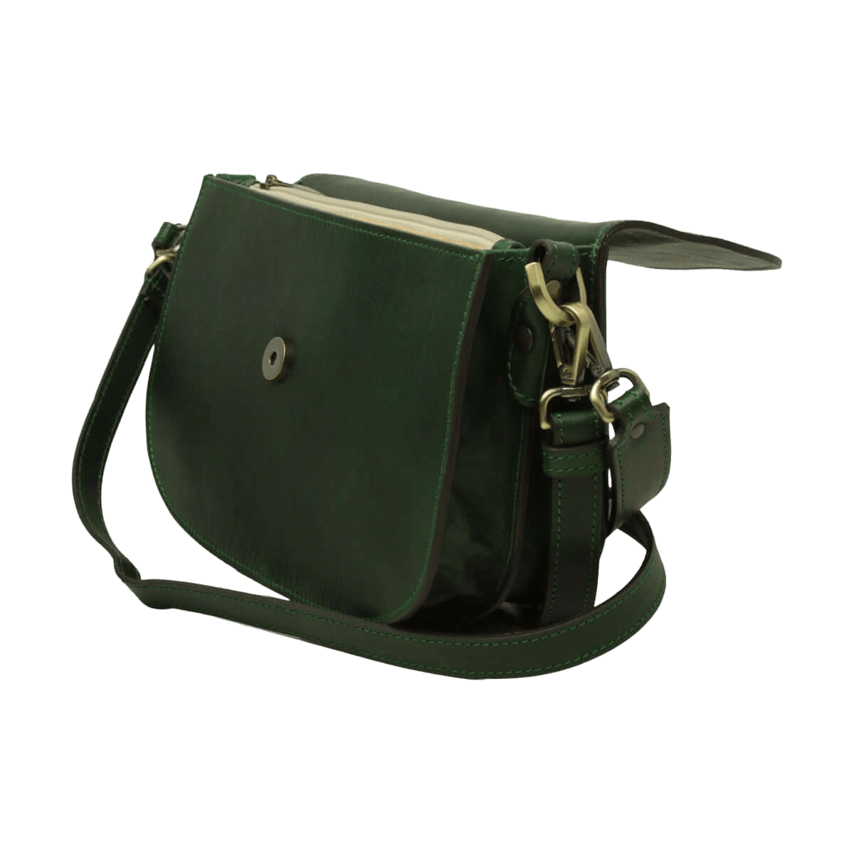 Borsa a tracolla verde in pelle con pattina anteriore, fibbia e cinturino