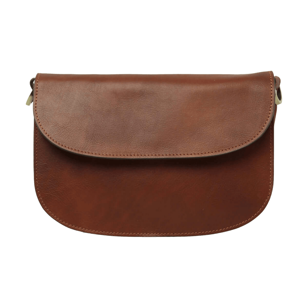 Borsa a tracolla in vitello teak con pattina semicircolare e chiusura laterale.