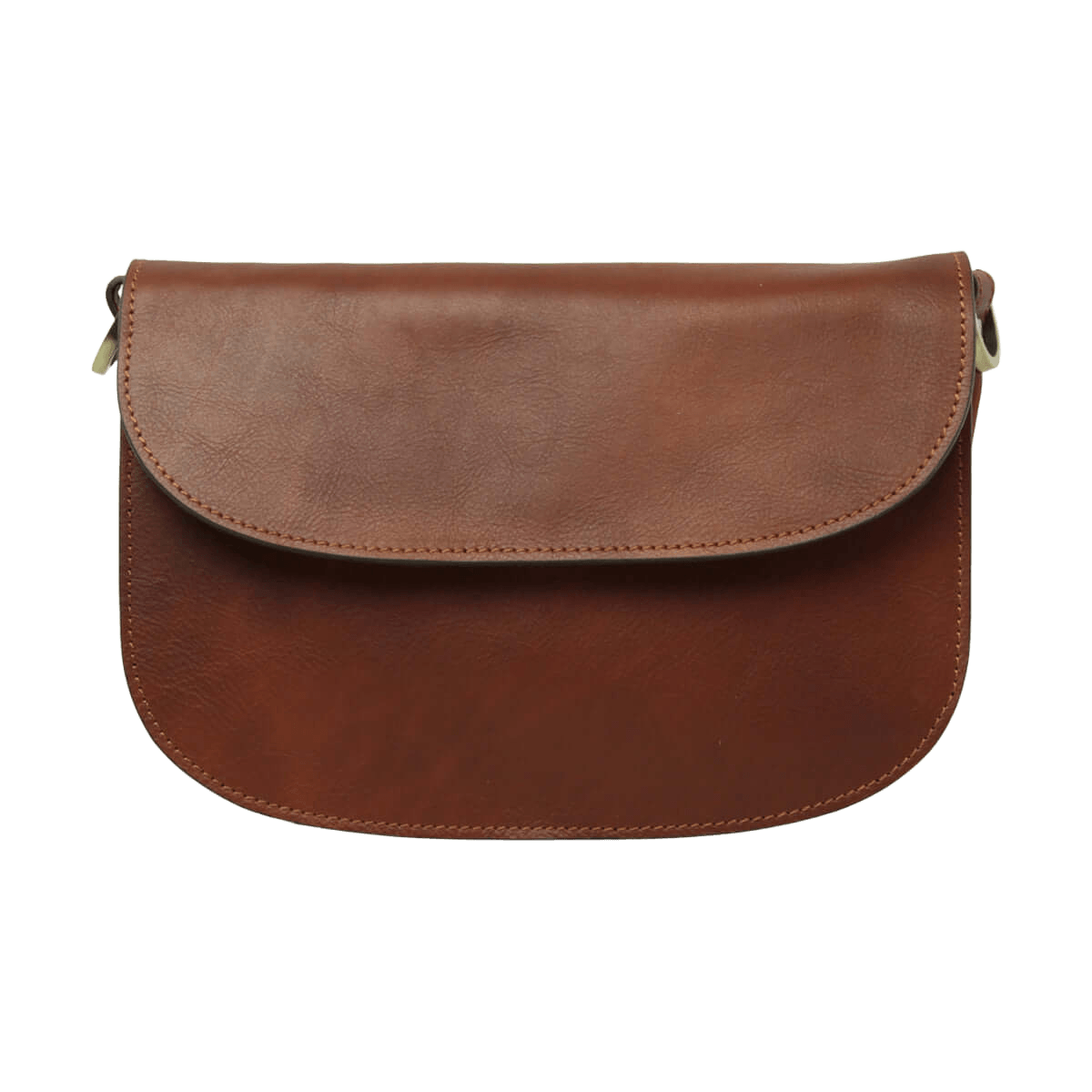 Borsa a tracolla in vitello teak con pattina semicircolare e chiusura laterale.