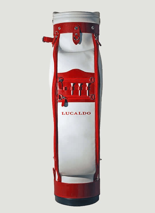 Borsa da golf in pelle rossa e bianca, con pannello frontale e manici