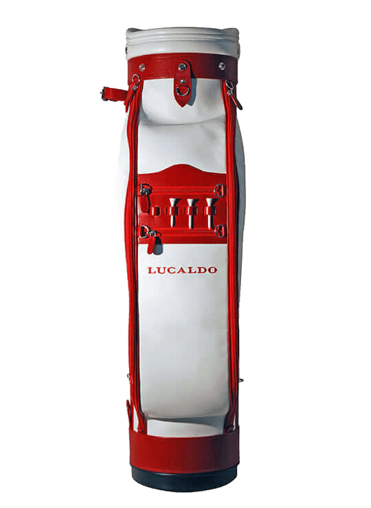 Borsone da golf in pelle rosso e bianco, finiture nere, zip e manici.