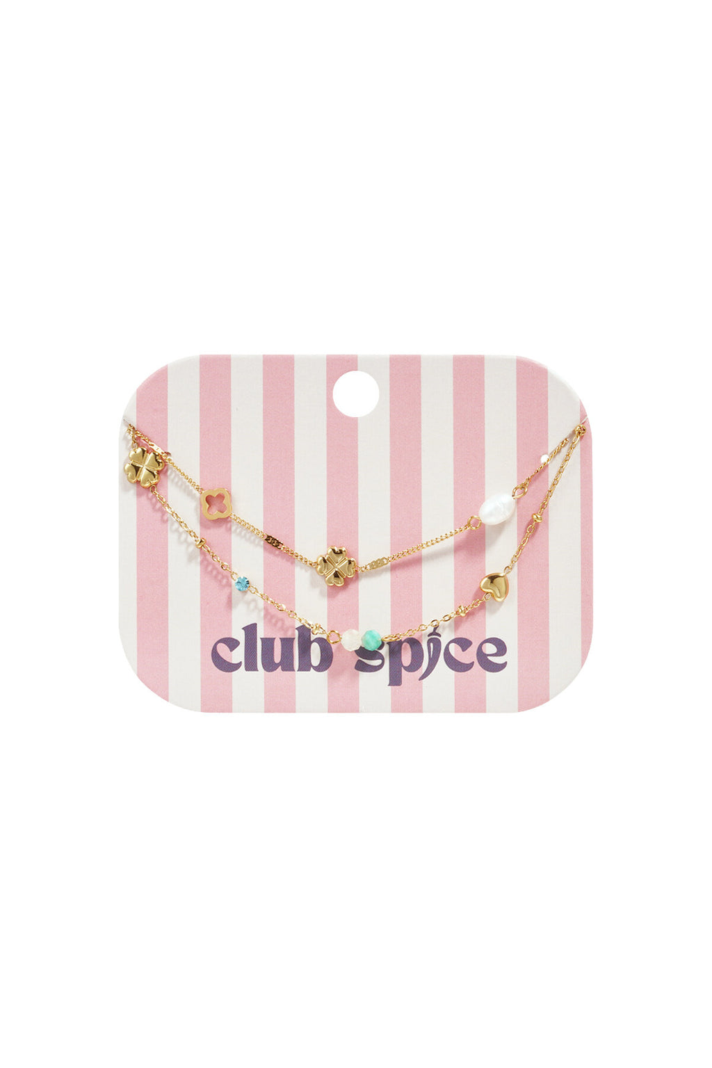 Braccialetto quadrifoglio eleganza con perline e pietre su fondo a strisce rosa, accessorio di moda.