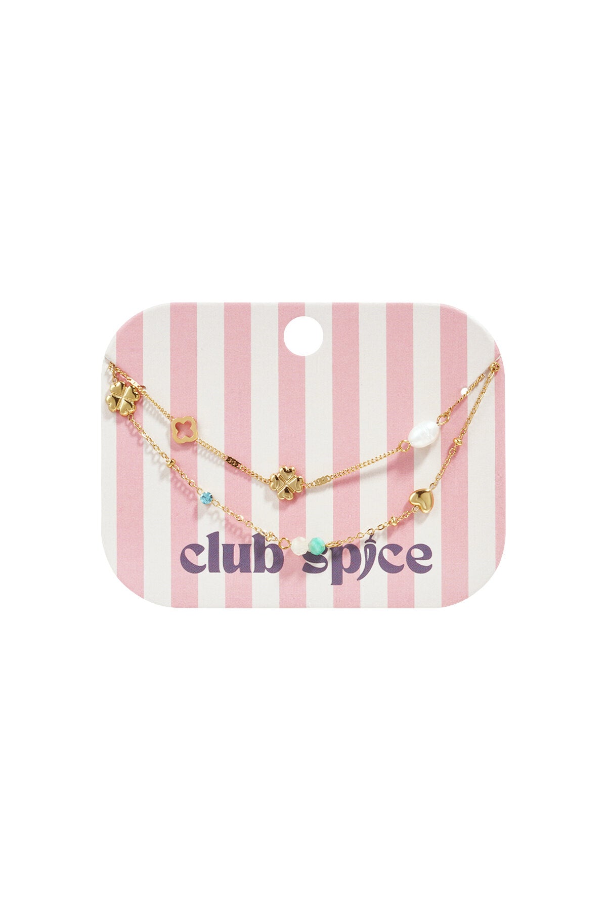 Braccialetto quadrifoglio eleganza con perline e pietre su fondo a strisce rosa, accessorio di moda.