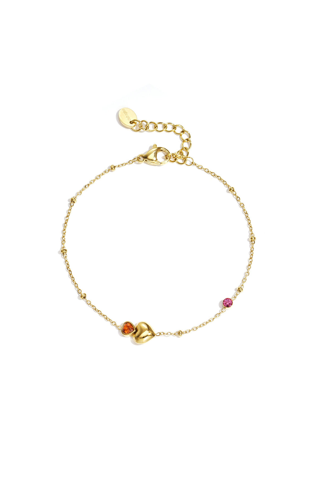 Braccialetto con cuori e pietre colorate, realizzato in acciaio inossidabile con dettagli in strass.