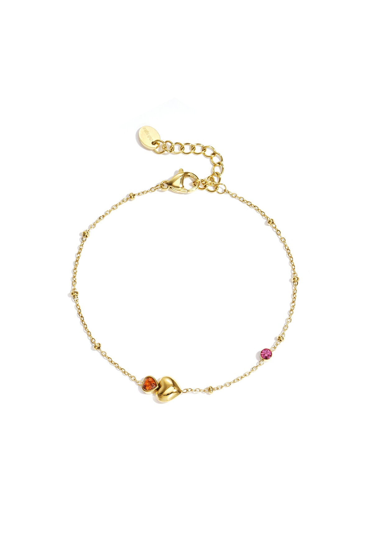 Braccialetto con cuori e pietre colorate, realizzato in acciaio inossidabile con dettagli in strass.