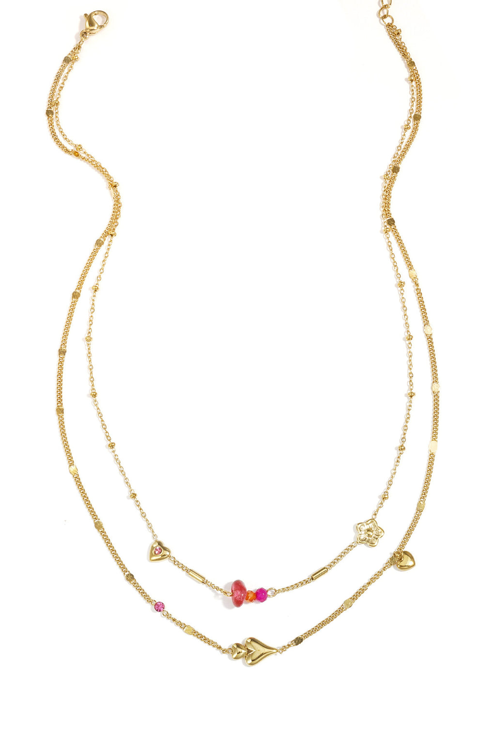 Collana doppia con cuori, perline e fiori, in acciaio inossidabile, stile casual e multistrato.