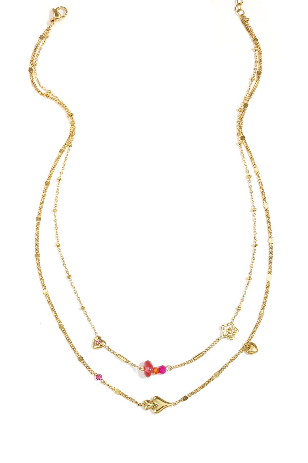 Collana doppia con cuori, perline e fiori, in acciaio inossidabile, stile casual e multistrato.