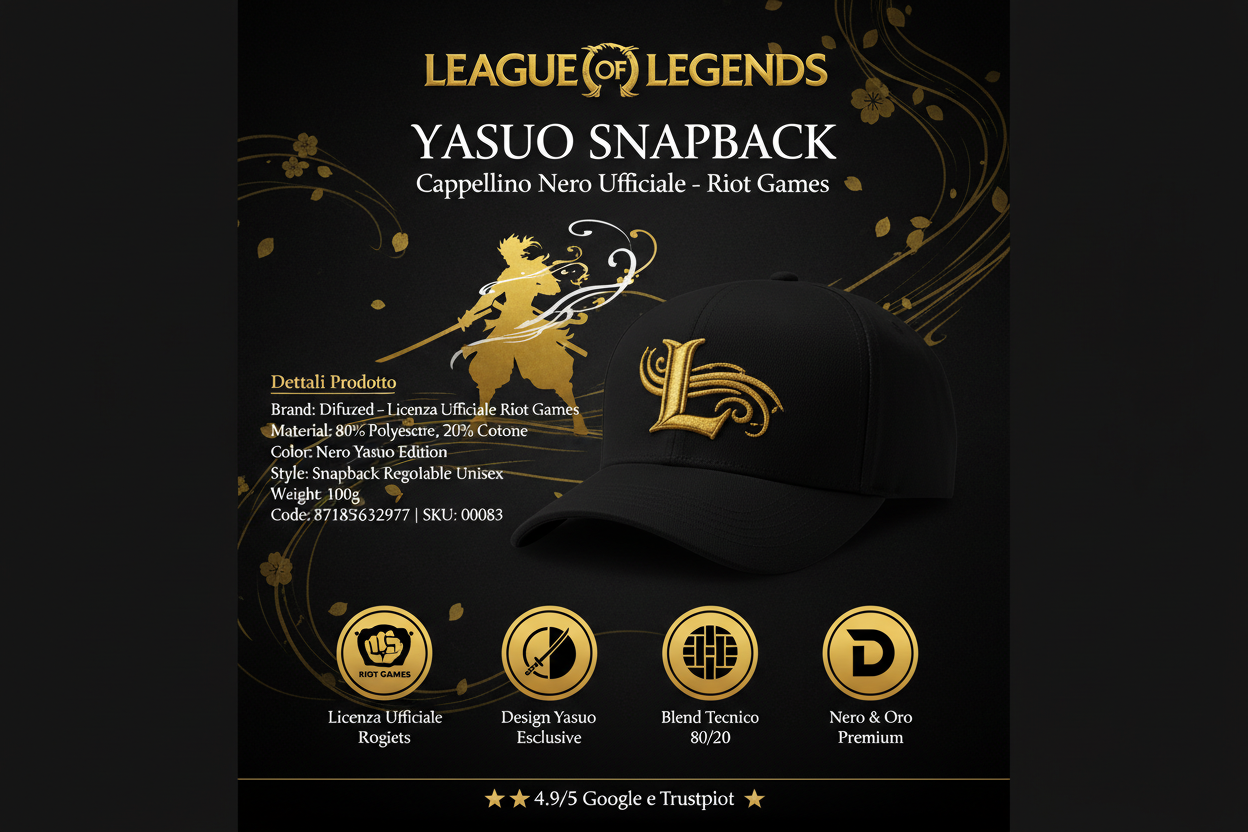 Cappellino League of Legends Yasuo Snapback Nero - Berretto Regolabile Unisex