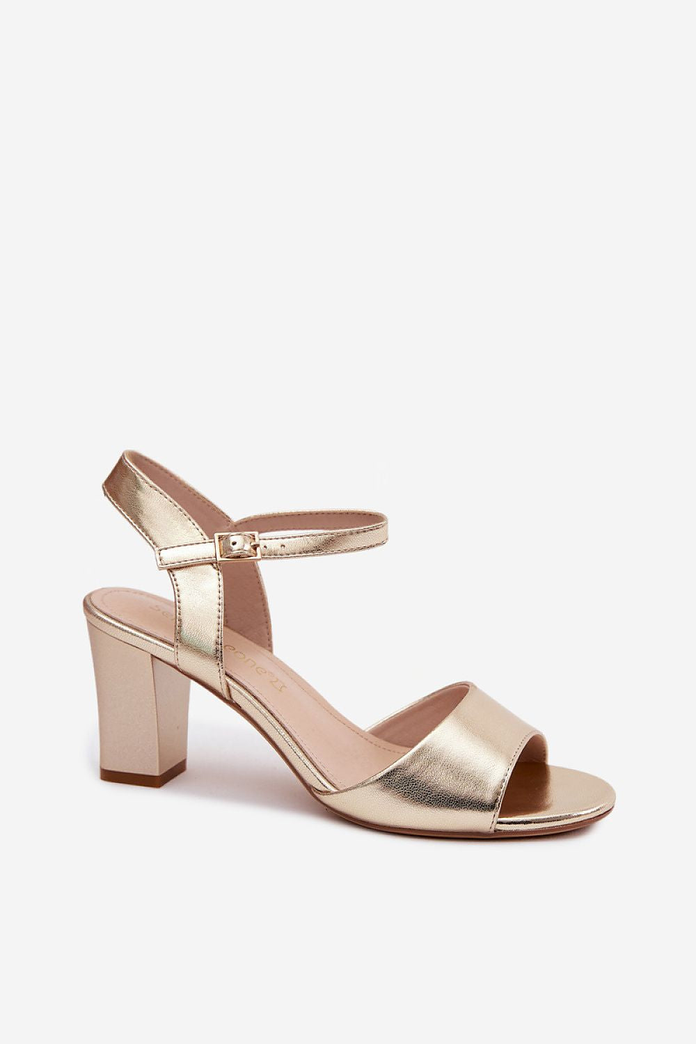 Sandali con tacco da donna oro metallico, punta aperta e cinturino unico