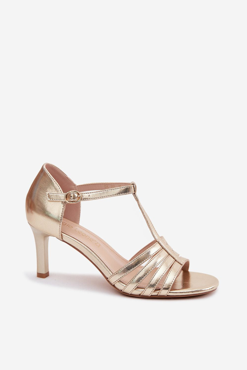 Sandali donna oro con tacco medio e cinturino con fibbia rotonda.