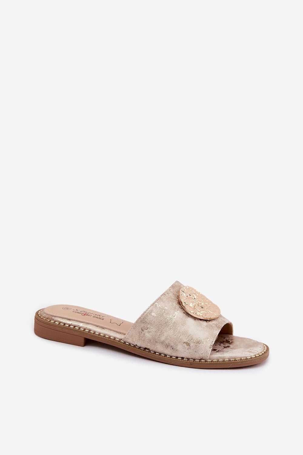 Ciabatte estive da donna beige, tomaia scamosciata con fibbia tonda glitter, slip-on