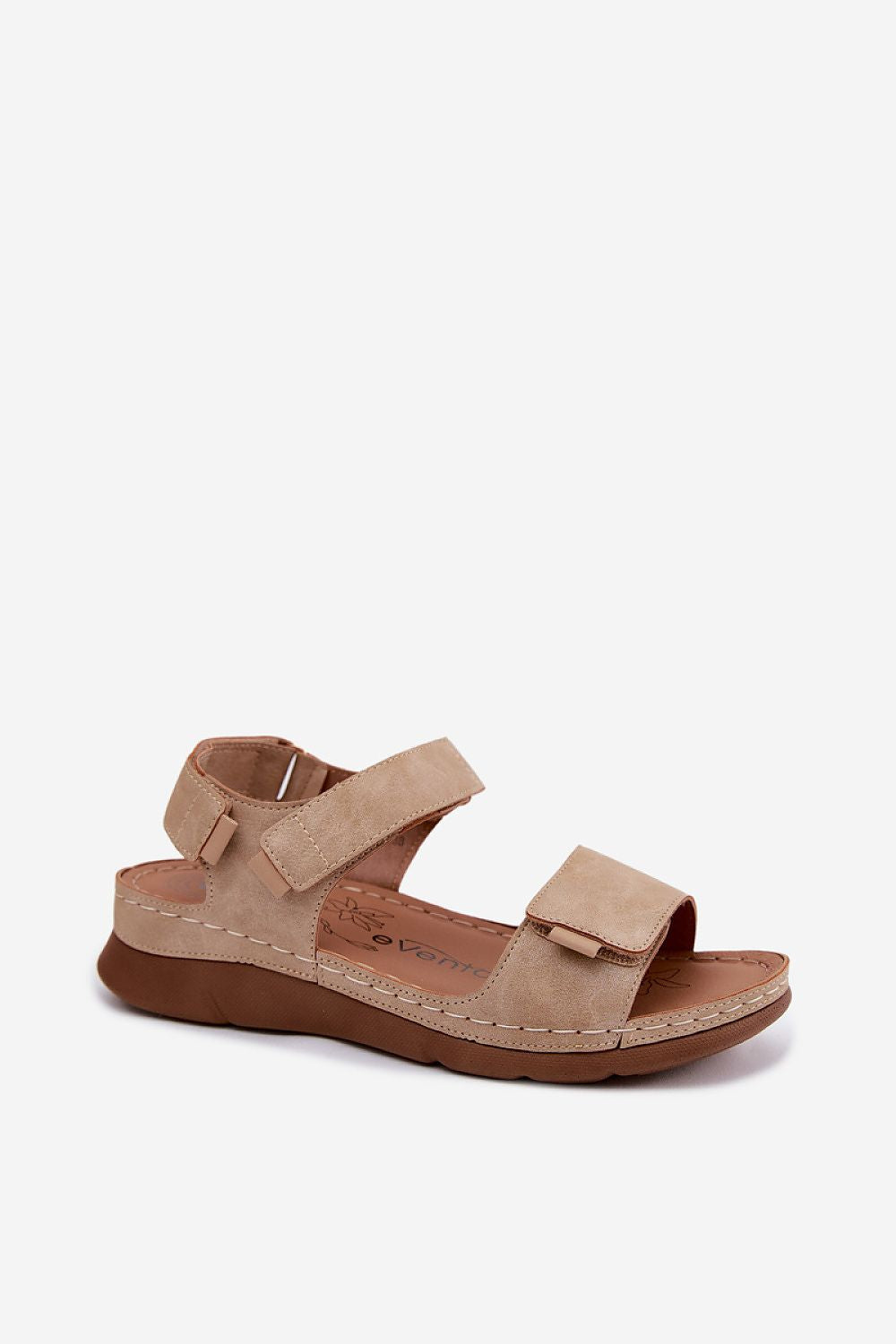 Sandali estivi beige con due fibbie e suola morbida, punta aperta