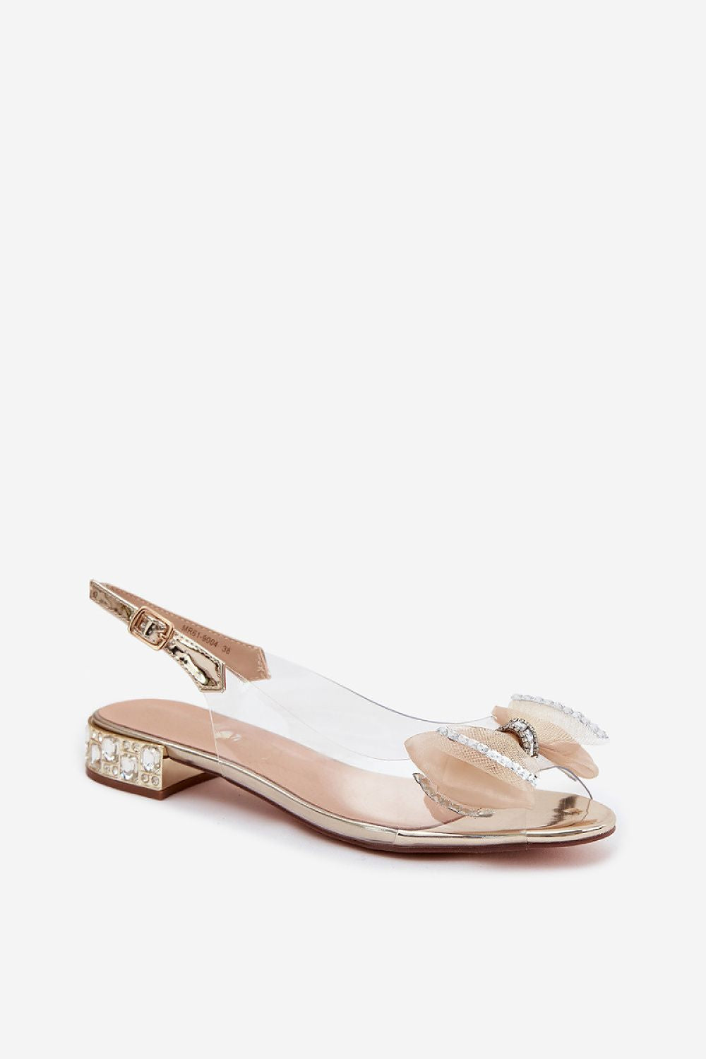 Sandali donna chiari con tacco a blocco, fascia con strass e pianta aperta