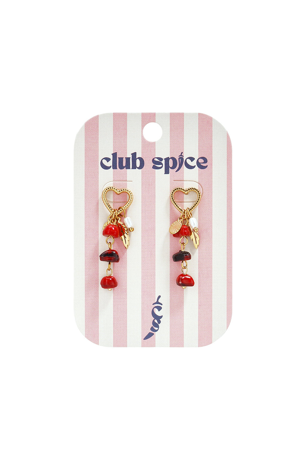 Orecchini cuore perla piuma con pendenti rossi e neri su cartellino Club Spice.