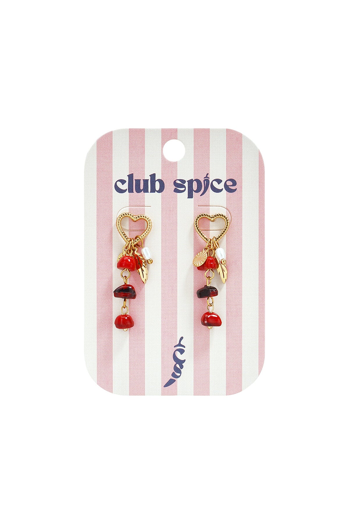 Orecchini cuore perla piuma con pendenti rossi e neri su cartellino Club Spice.
