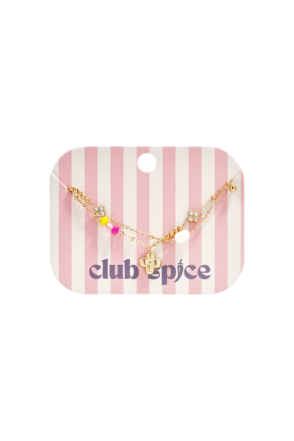 Bracciale quadrifoglio con perline di Club Spice, decorato con perle colorate e strass, su sfondo a righe rosa.