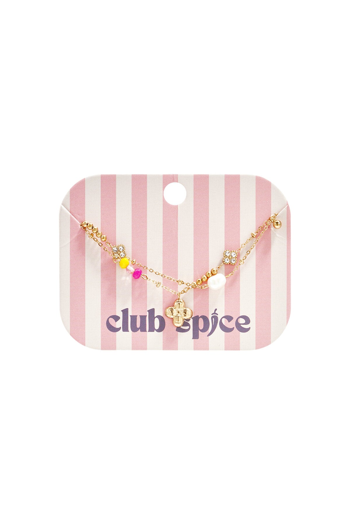 Bracciale quadrifoglio con perline di Club Spice, decorato con perle colorate e strass, su sfondo a righe rosa.