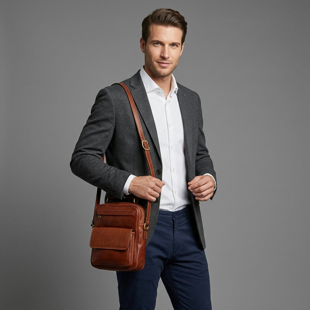 Shoulder bag with front pocket. Brown