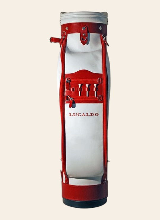Old Angler Handmade Red and White Selective R&B Leather Golf Bag