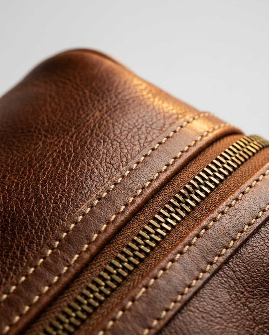 Leather travel duffel bag with integrated trolley — Leather Grain Detail | Generated by Modelize
