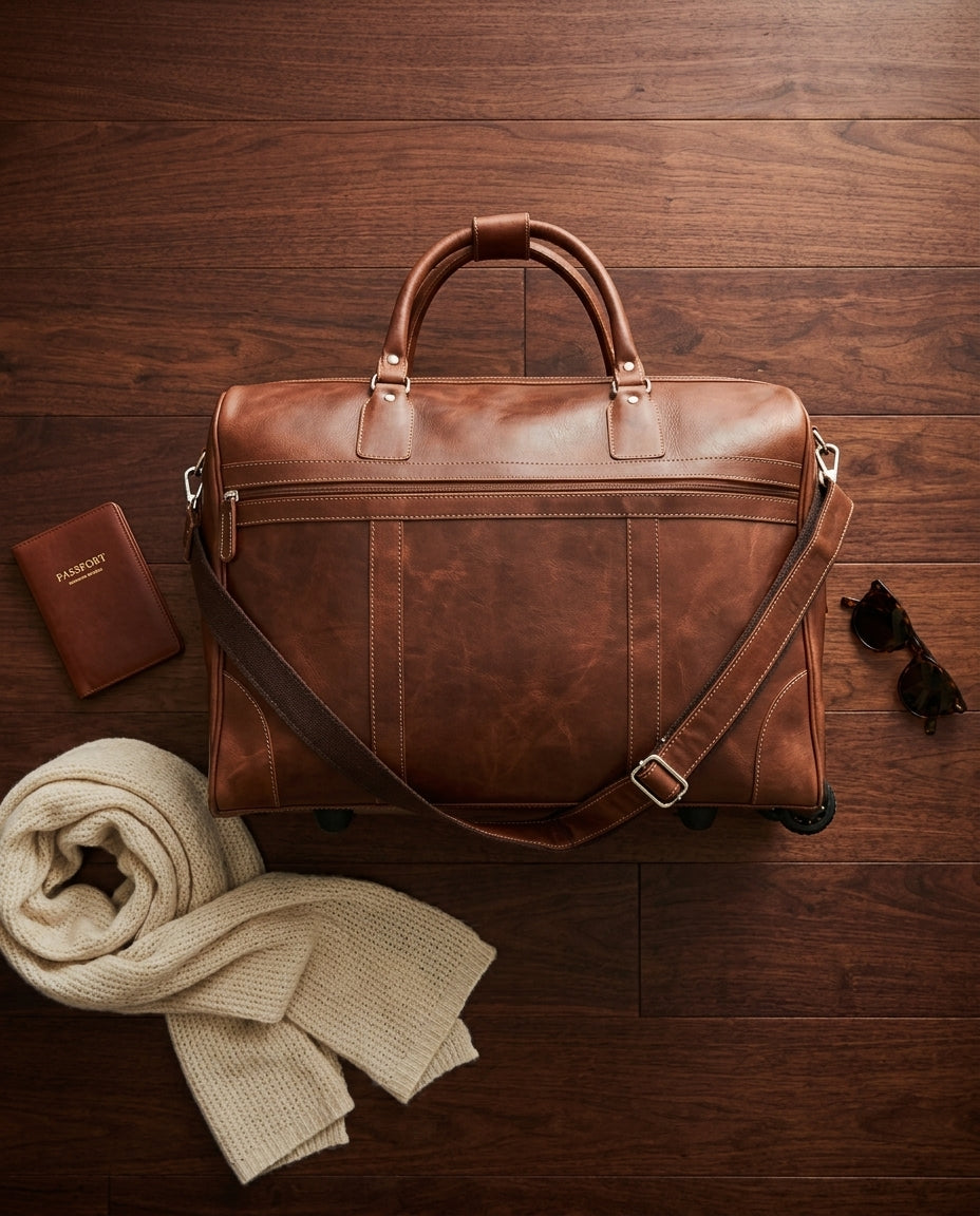 Leather trolley travel bag — Traveler's Essentials Flat Lay | Generated by Modelize