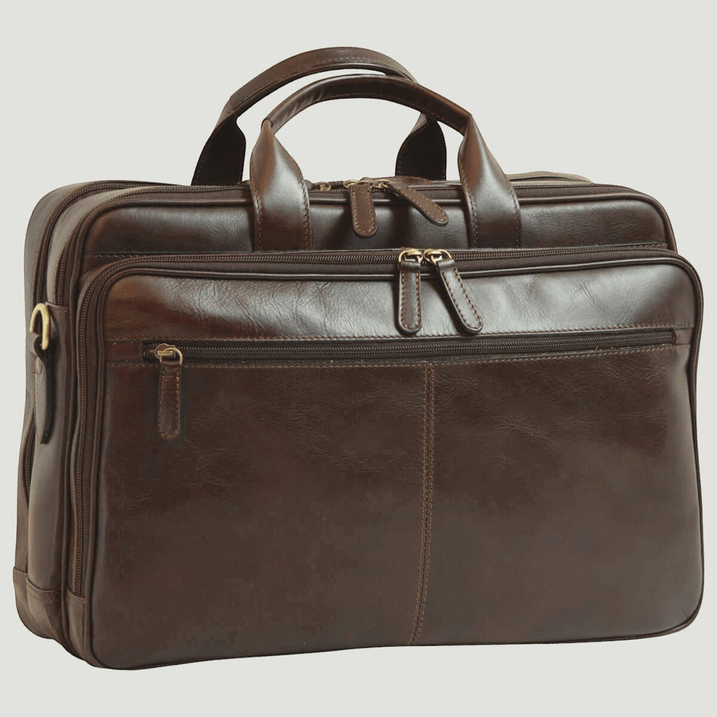 Borsa da laptop uomo in pelle marrone scuro, manici doppi e zip frontale