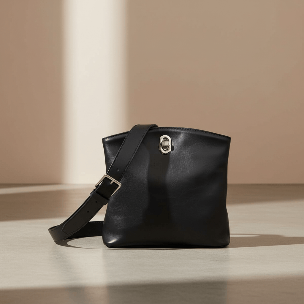 Borsa a secchiello in pelle nera con tracolla e chiusura a fibbia