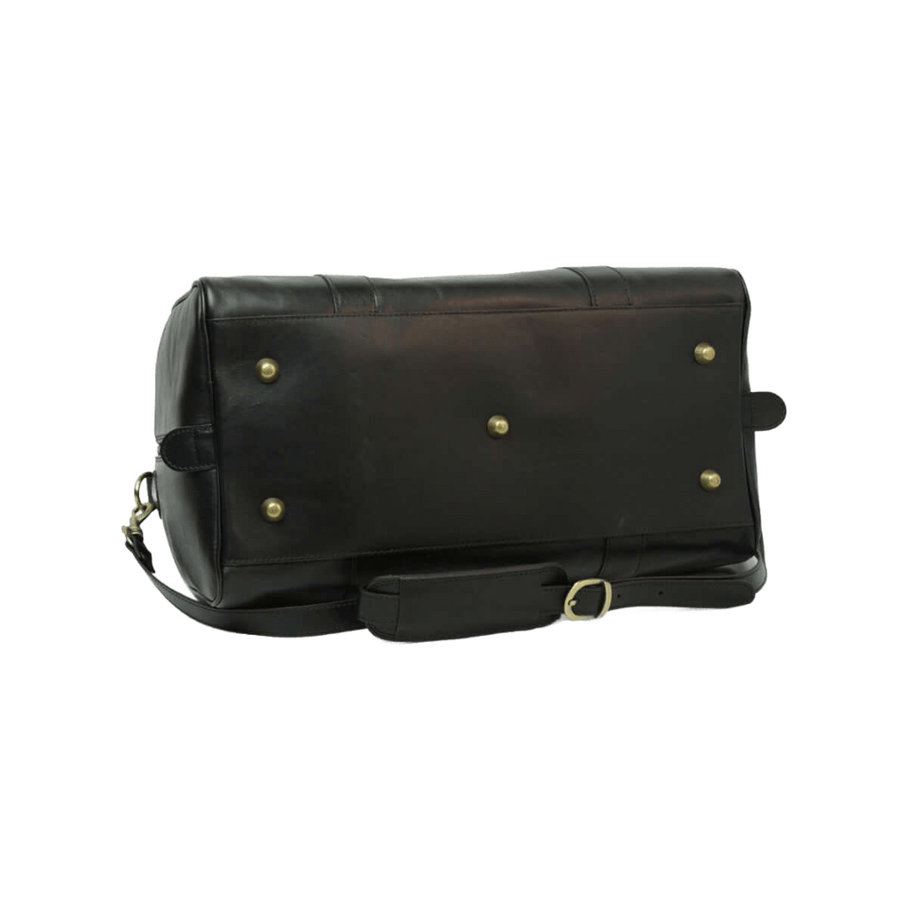 Borsone da viaggio in pelle nero con fibbie decorative e tracolla frontale