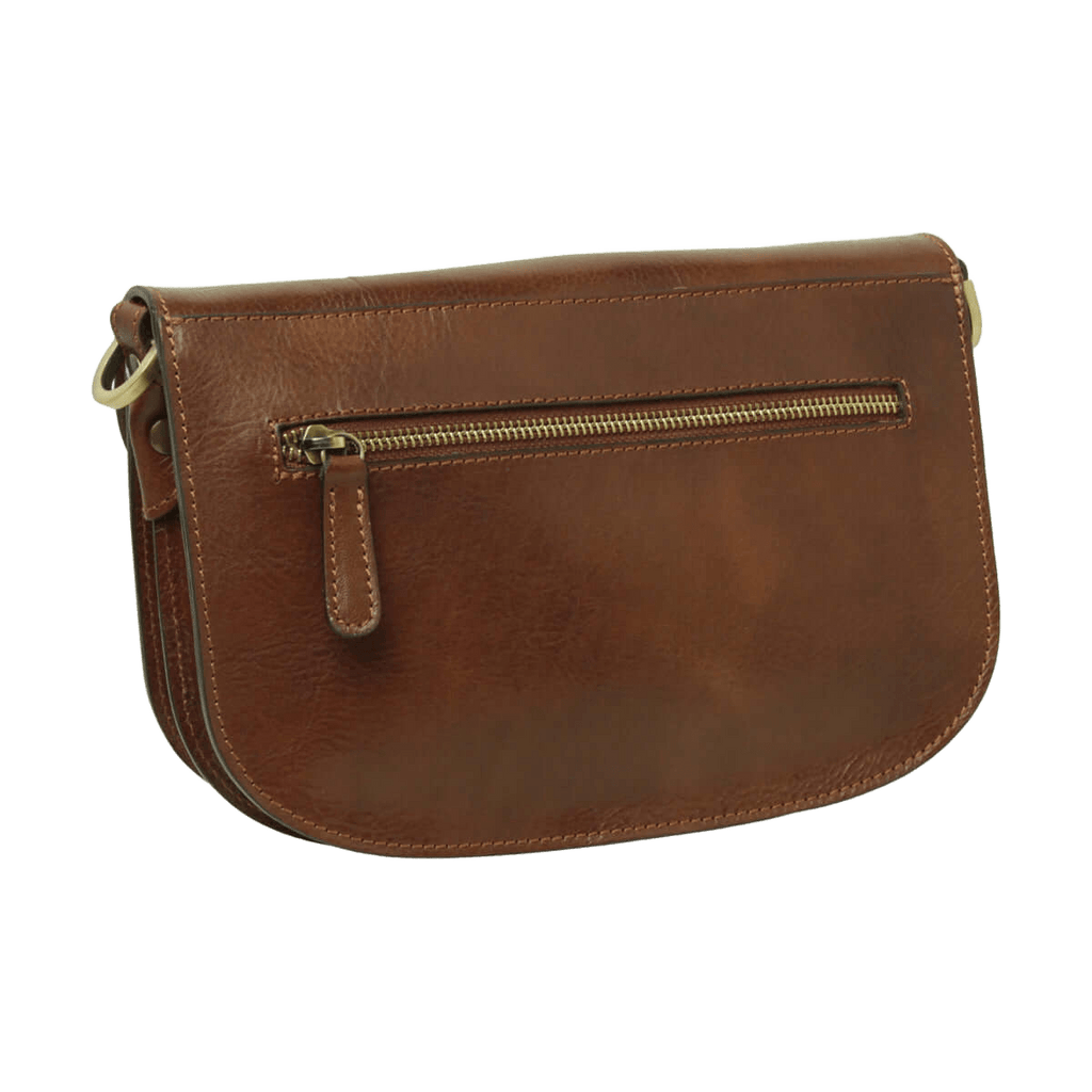 Borsa a tracolla marrone in vitello pieno fiore con tasca frontale a zip
