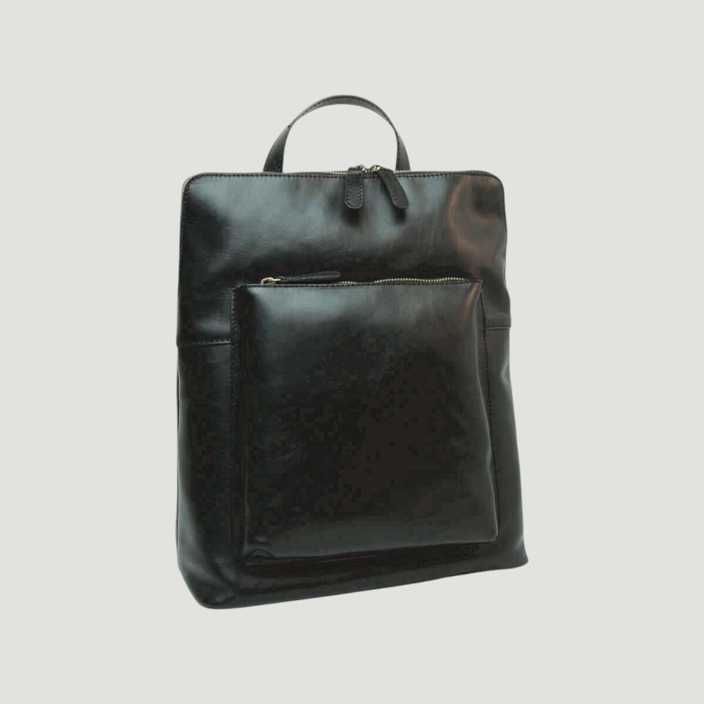 Zaino in pelle nero con manico superiore e pannello frontale con tasca con zip