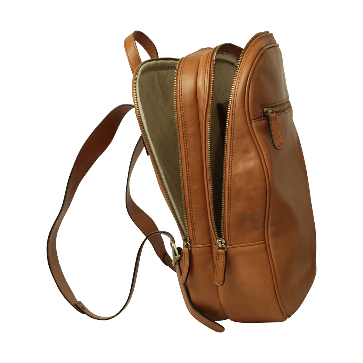 Zaino in pelle marrone con doppia zip, taschino laterale e tracolla