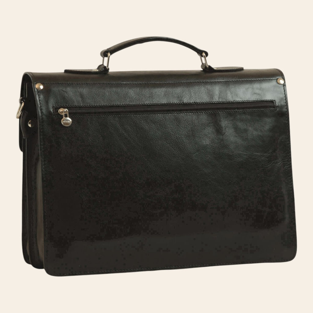 Cartella portanotebook in pelle nera con cerniera frontale e accessori metallici