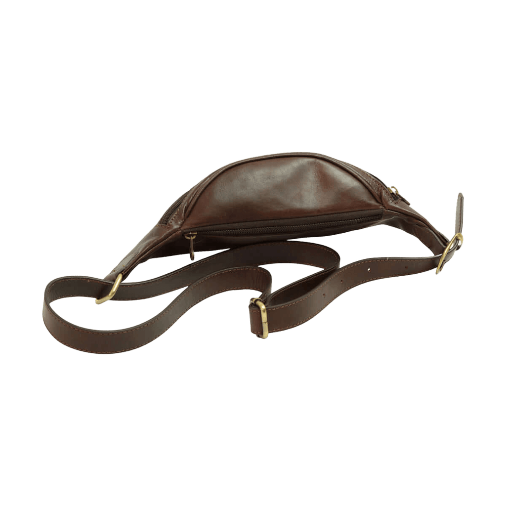 Marsupio in pelle marrone scuro con tracolla regolabile e zip superiore