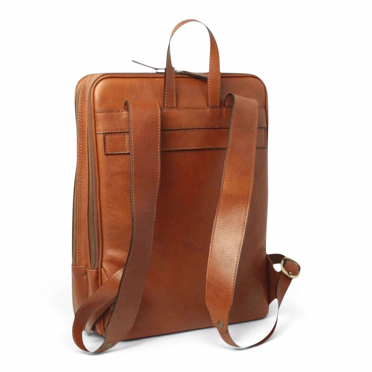 Zaino in pelle marrone con fascia trolley, spallacci regolabili e schienale
