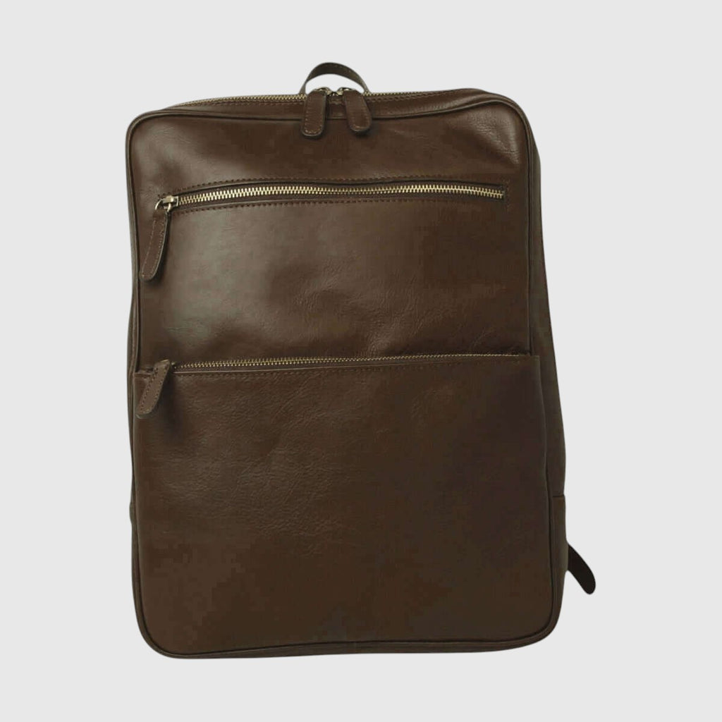 Zaino in pelle di vitello marrone scuro con doppie tasche con zip e maniglia superiore
