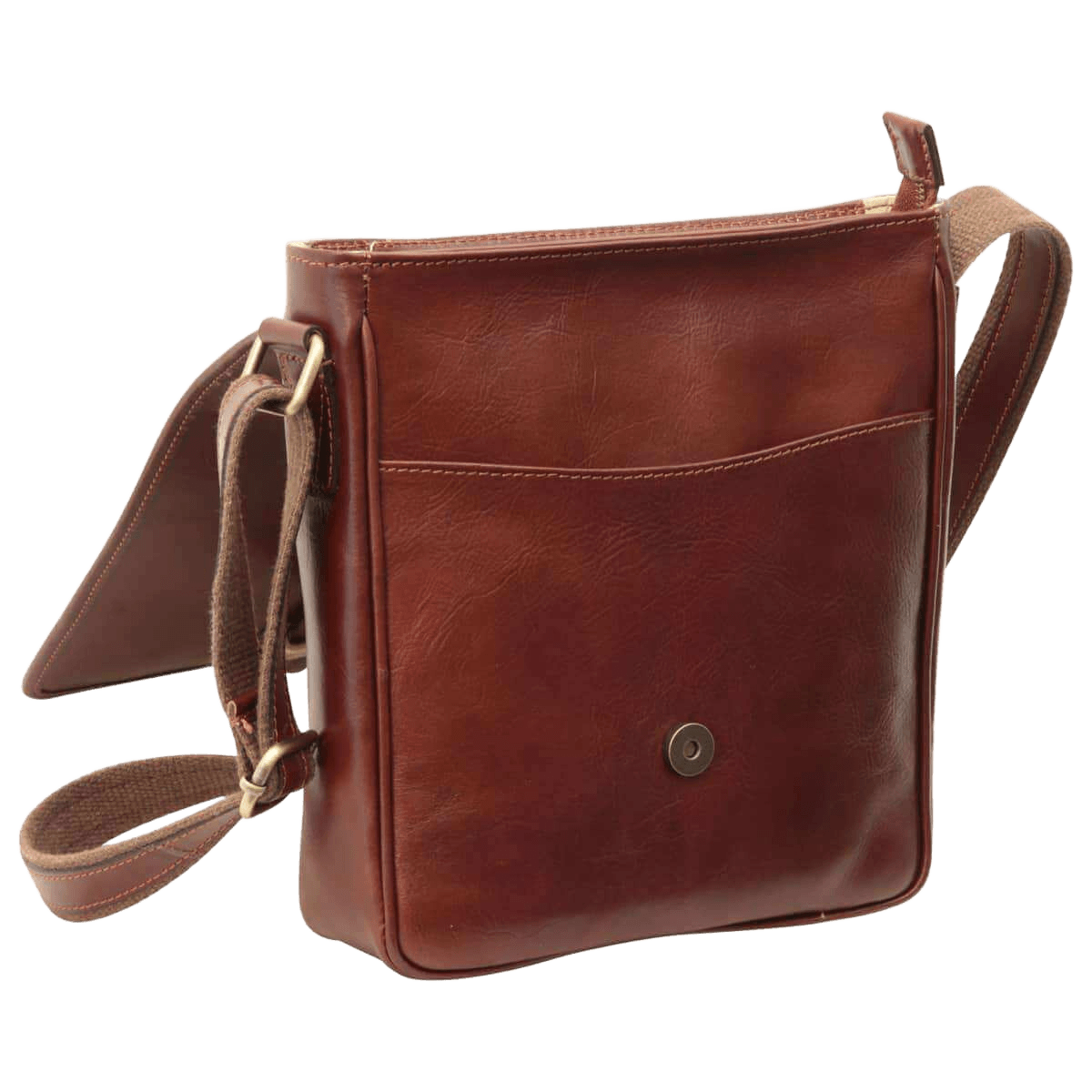 Borsa messenger marrone con chiusura magnetica e tracolla, tasca frontale.
