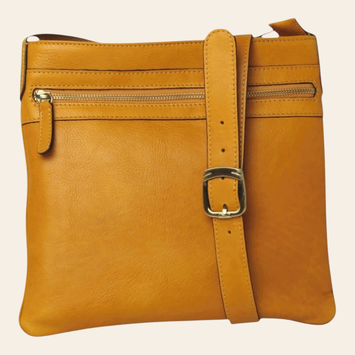 Borsa a tracolla in pelle giallo ocra con cinghia regolabile e zip frontale